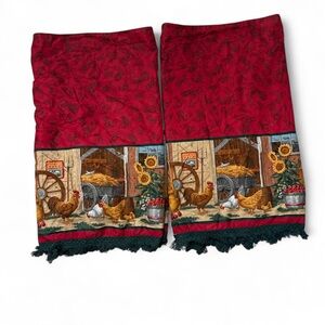 Vintage Farmhouse Kitchen Curtains Rooster & Hen Barnyard Scene 52x21” Pair